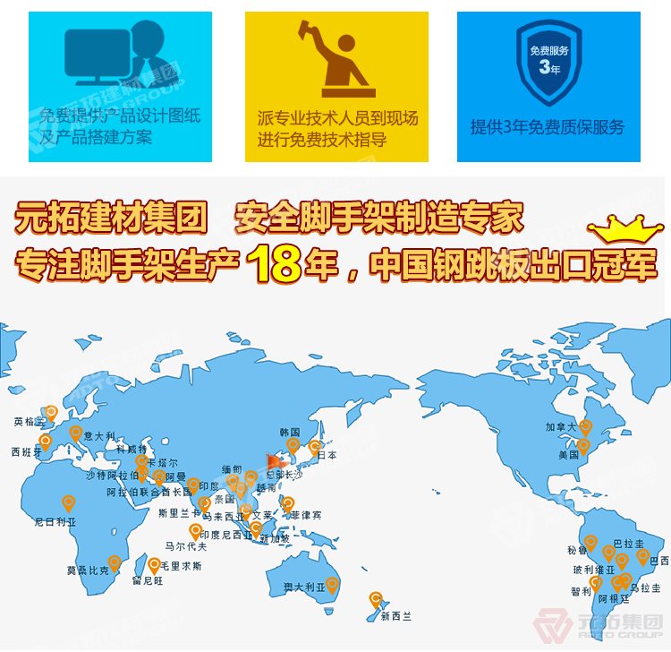 元拓建材集團(tuán)，安全腳手架制造專家！專注腳手架生產(chǎn)18年，中國(guó)鋼跳板出口冠軍！